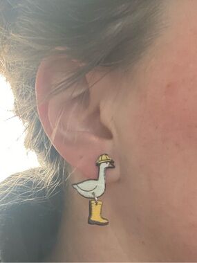 Porch Goose Novelty Drop Earrings with Yellow Rain Hat and Boot